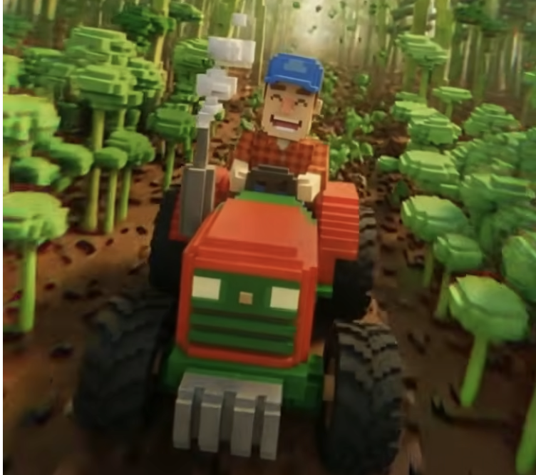 LEGO-style ad with a cheerful hero adding healthy plants to a burger